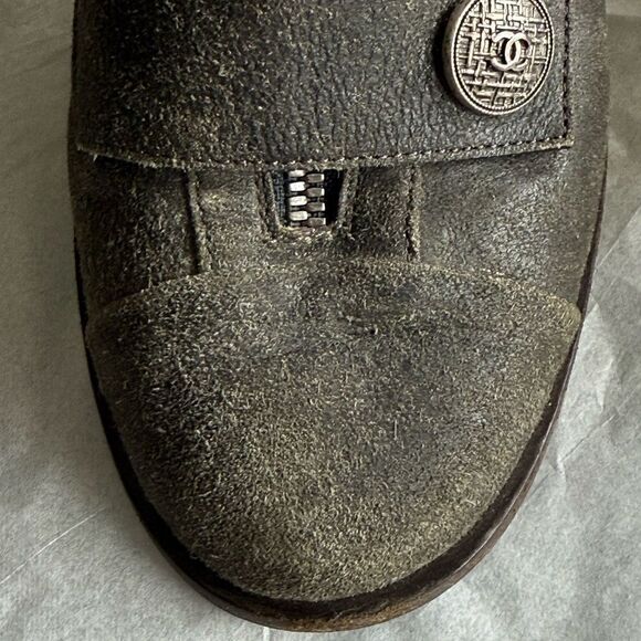 Chanel Women’s Gray Distressed Suede Leather Ankle Boots with CC Logo Buttons. - Picture 4 of 12